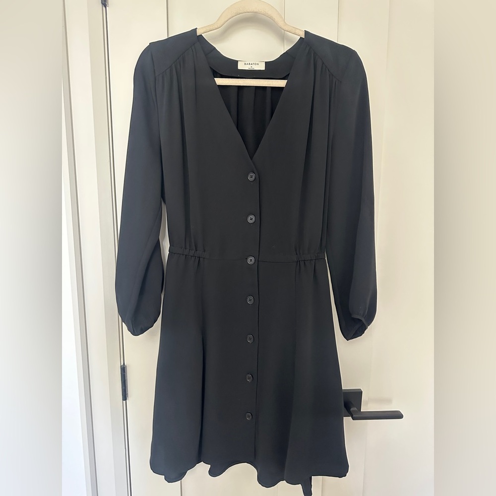 Aritzia Black Long-Sleeve Button-Front V-Neck Dress
